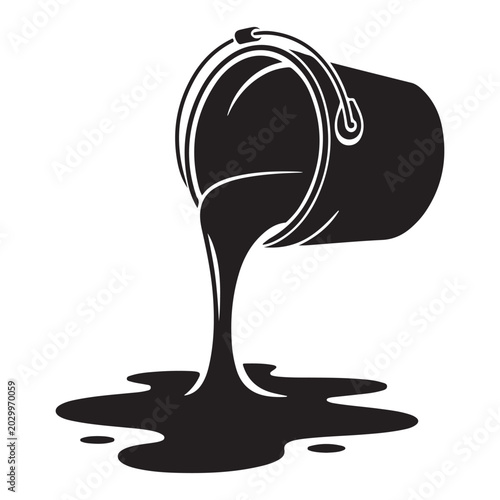 tilting paint bucket with spilled liquid black and white silhouette