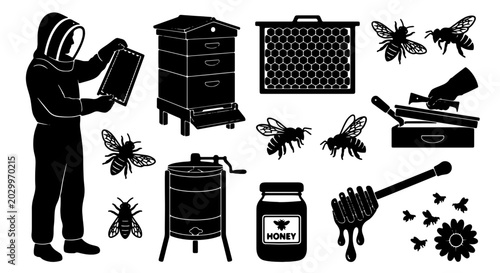 Canvas Print Beekeeping Icons Set: Beekeeper, Honeycomb Frame, Beehive, Honey Extractor, Hone