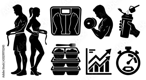 Foto Fitness and Health Icons Set: Silhouette Figures, Weight Scale, Dumbbell, Meal P