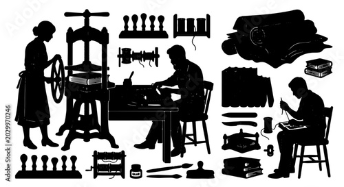 Schilderij op canvas Vintage Printing Press, Bookbinding Tools, Silhouette Set: Historical Craftsmans