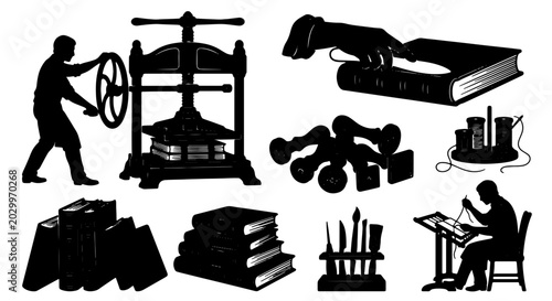 Bilde på lerret Vintage Printing Press, Bookbinding Tools, and Artisan Craftsman Silhouettes