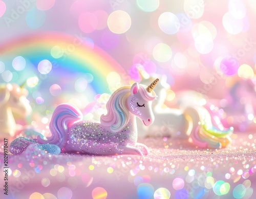 Enchanting unicorns with glitter and a rainbow in a dreamy, bokeh-filled background.