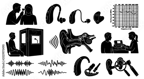 Schilderij op canvas Hearing Health Icons: Audiology, Hearing Aids, Ear Anatomy, Sound Waves, Audiogr