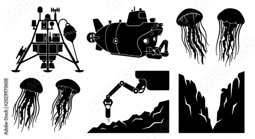 Tableau sur toile Deep Sea Exploration Vector Icons: Submarine, Lander, Jellyfish, Robotic Arm, Oc