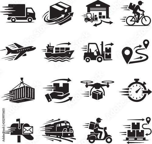 Logistics and delivery icons: truck box airplane ship drone bicycle scooter