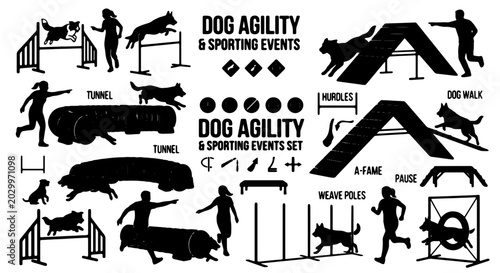 Quadro su tela Dog Agility & Sporting Events Vector Set: Silhouettes of Dogs and Handlers Compe