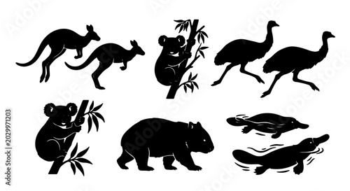 Schilderij op canvas Australian Wildlife Silhouette Vector Set: Kangaroos, Koalas, Emus, Wombats, Pla