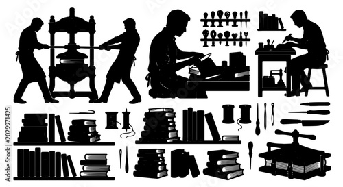 Foto Vintage Printing Press and Bookbinding Workshop, Silhouette Craftsmanship Scenes