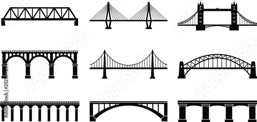 Foto Bridge vector icon set with different architectural styles including suspension