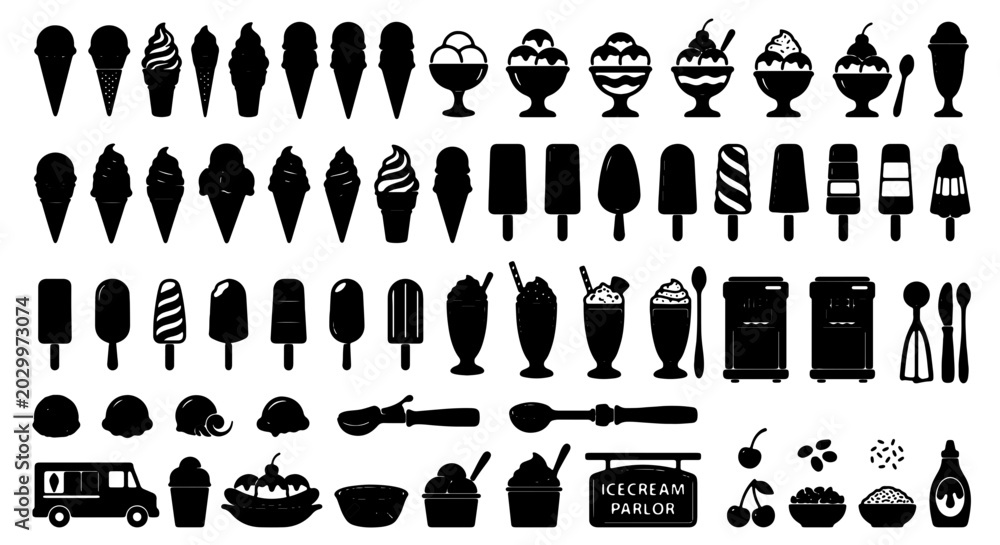 Obraz premium Ice Cream Icons Collection, Frozen Dessert Vector Silhouettes, Sweet Treat Graphics, Summer Treat Set, Food Icons