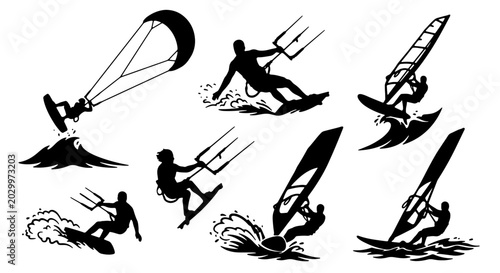 Bild auf Leinwand Kitesurfing and Windsurfing Silhouettes, Extreme Water Sports Vector Icons, Dyna