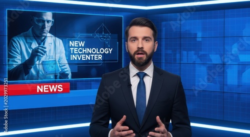 Professional Male News Anchor Presenting a Segment on New Technology and Innovation in a Modern Digital Studio