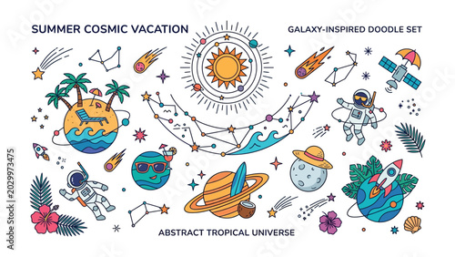 Slika na platnu Summer Cosmic Vacation Doodle Set: An imaginative collection of galaxy-inspired doodle illustrations, blending tropical paradise elements with celestial wonders, featuring astronauts, planets