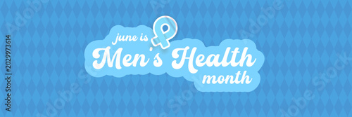 June Mens Health Month typography banner with light blue ribbon icon. Medical awareness campaign background for prostate cancer prevention, mens health wellness and healthcare poster design.