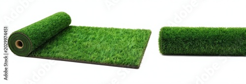 Two rolls artificial lawn rest on plain white backdrop. Green turf texture presents perfect ground cover option. Synthetic grass offers eco friendly flooring solution for gardens or sport areas.