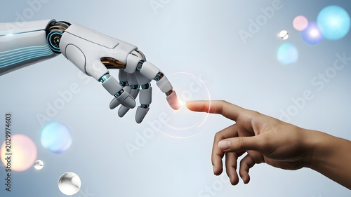 A robotic hand and a human hand touch fingertips in a futuristic scene with glowing orbs.