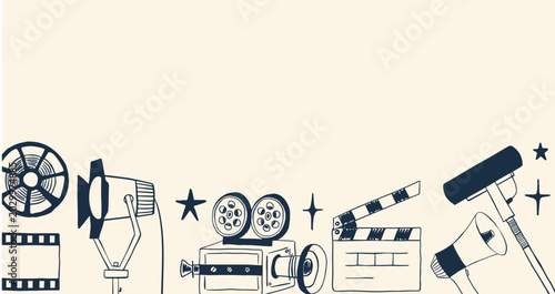 Vintage cinema banner with hand drawn doodle elements including movie camera, clapperboard, spotlight, megaphone and film reel. Retro style horizontal border