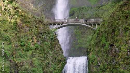 Columbia River Gorge, Oregon, USA - 04.28.2026: Multnomah Falls from Multnomah Creek Bridge