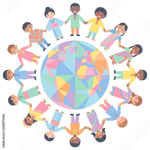 Multicultural Children Holding Hands Around the Globe Vector Illustration