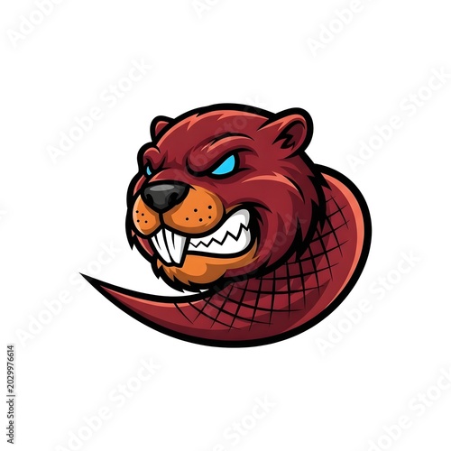 Fierce beaver mascot head with sharp teeth and aggressive stare in bold cartoon style for gaming or sports branding