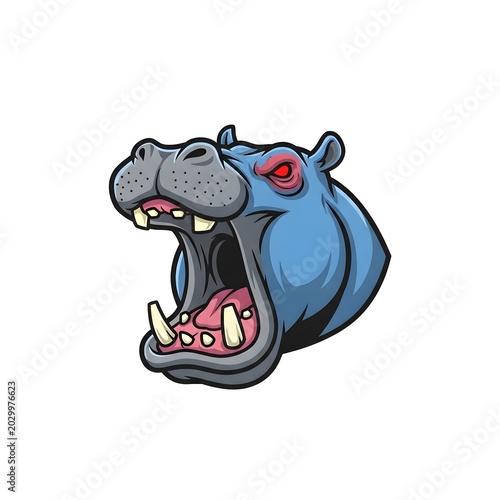 Fierce blue hippopotamus head roaring with red eye and sharp teeth illustration