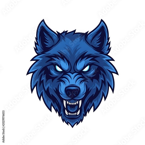 Fierce blue wolf head with glowing eyes and bared teeth on white background aggressive concept esports mascot style