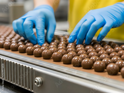 Close up of hands in blue gloves arranging chocolate candies on a conveyor belt