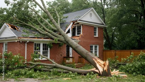 House damaged by fallen tree after storm debris scattered force majeure