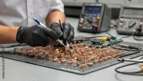 Medium shot of an operator adjusting copper shunt resistors on a workbench highlighting detailed fabrication steps to ensure exact electrical resistance for precise current