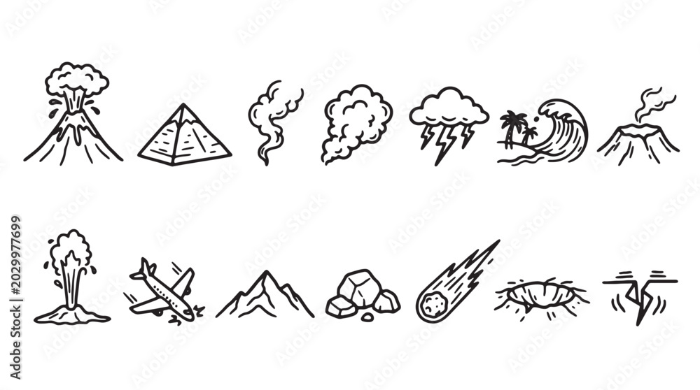 Fototapeta premium Disaster icons, natural catastrophe symbols, emergency signs, 13 vector graphics