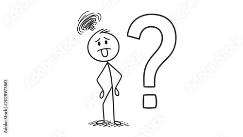 Fotografía Stick Figure Person with Tongue Sticking Out Next to Question Mark, Expressing Mild Confusion or Playful Perplexity, isolated white background
