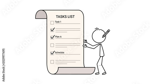 Valokuva Stick Figure Person Checking Off Items on a Long Task List with a Pencil, Productivity and Planning, isolated white background