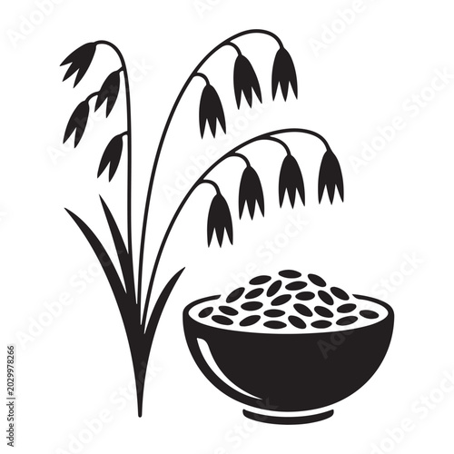 Oat stalks and bowl of oats in black silhouette
