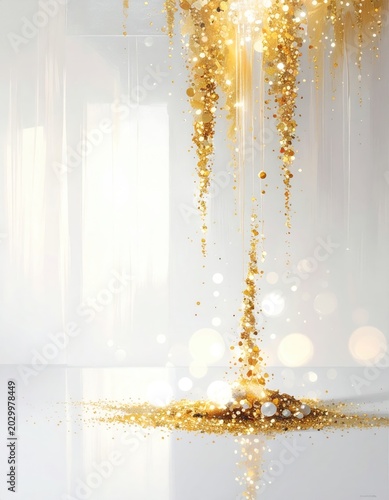 Cascading golden particles flow into a luminous, airy space