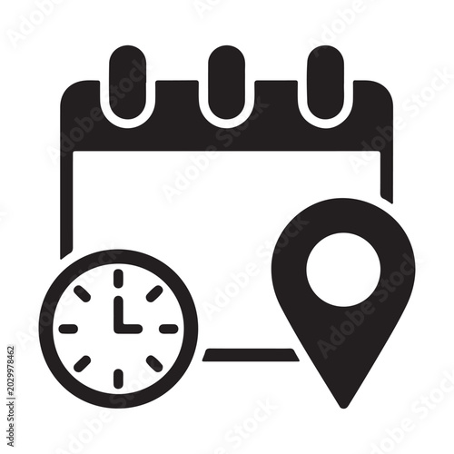 Calendar with clock and location marker icon black silhouette