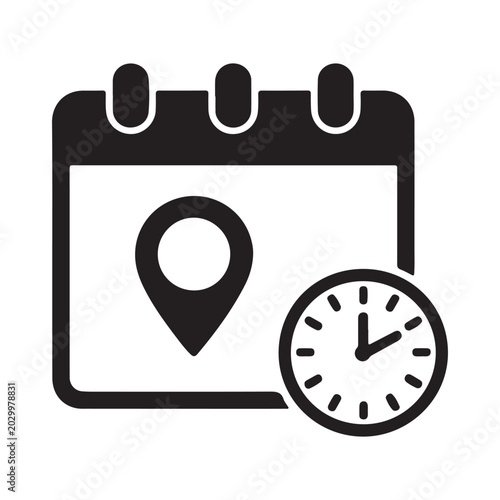 Calendar with location pin and clock icon black silhouette