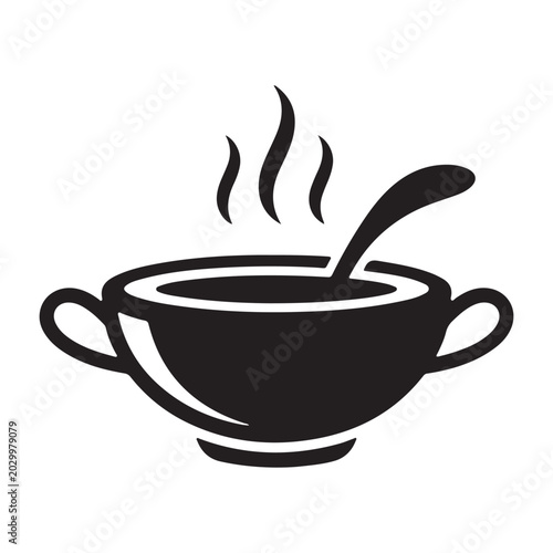 Black silhouette of a steaming soup bowl with a ladle isolated on a white background silhouette