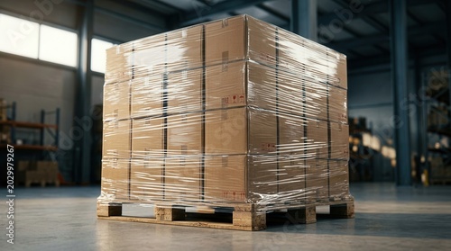 Stacked cardboard boxes on a wooden pallet wrapped in clear stretch film in a warehouse.