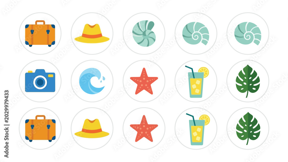 Fototapeta premium Summer Vacation Icons: A delightful collection of stylized icons representing the essential elements of a summer holiday, including luggage, hats, seashells, cameras, waves, starfish.