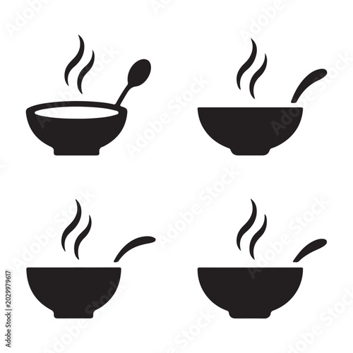 Four black silhouette icons of steaming bowls of soup with and without spoons silhouette