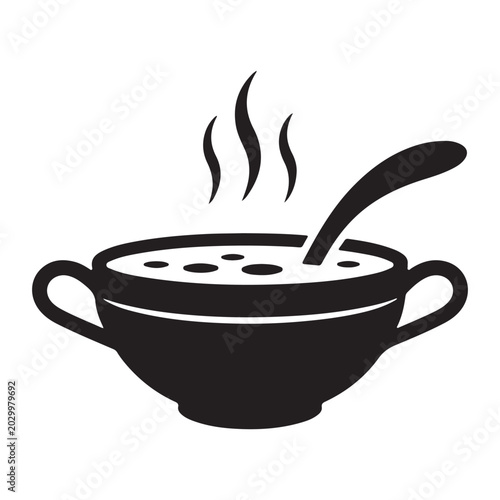 Black silhouette of a bowl of soup with steam and ladle silhouette