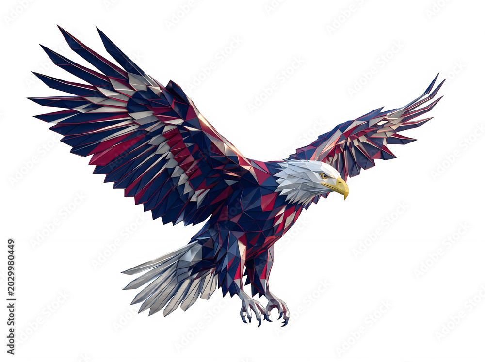 Naklejka premium American independence day eagle 4th of july patriotic bald eagle in flight with red white and blue geometric pattern