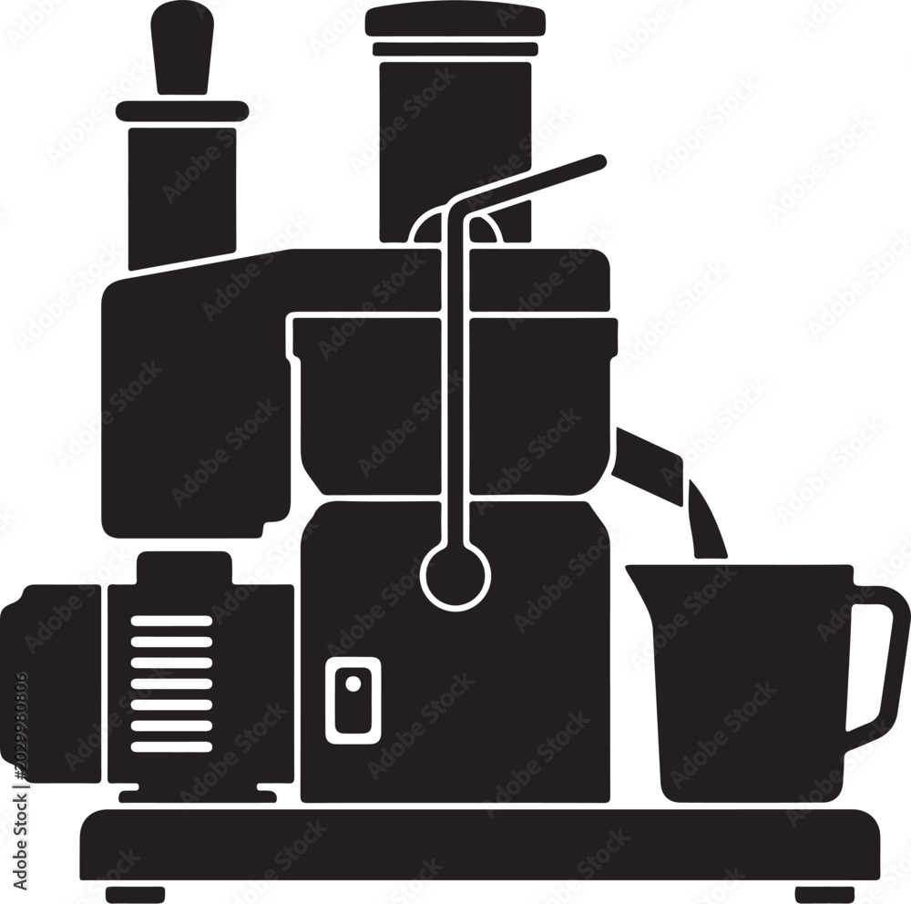 Fototapeta premium Industrial juice extractor icon, centrifugal juicer machine vector, commercial kitchen appliance silhouette, black and white fruit extractor tool, healthy drink maker illustration, juice bar equipment