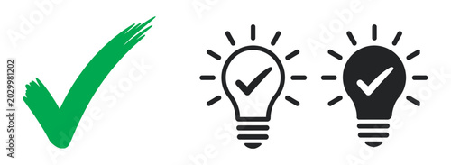 Tableau sur toile Success concept, checkmark with two lightbulb icons representing ideas and solut