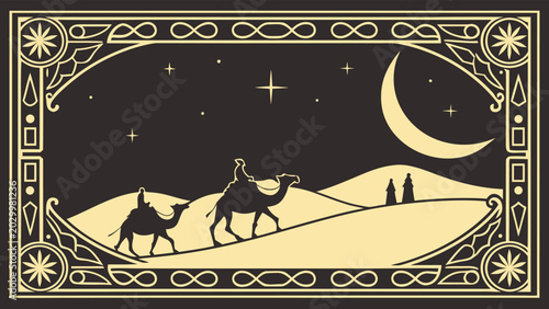 Three Wise Men silhouette on camels in desert landscape under crescent moon and starry night sky in golden and black art deco frame for religious illustration
