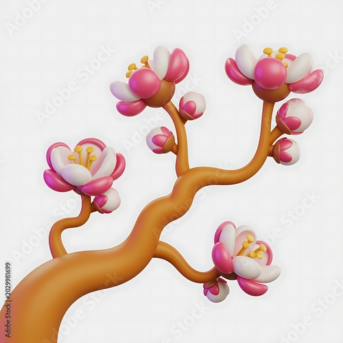3d CartoonishTree branch flower isolated on white background 