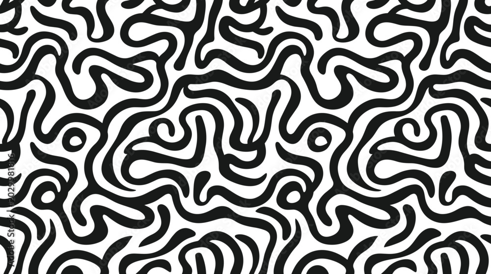 Fototapeta premium Seamless pattern of black wavy intertwined lines and organic curvy shapes on a white background, for textile