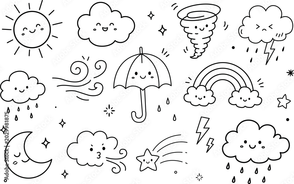 Obraz premium Cute Weather Doodle Icons Set Vector Illustration for Kids