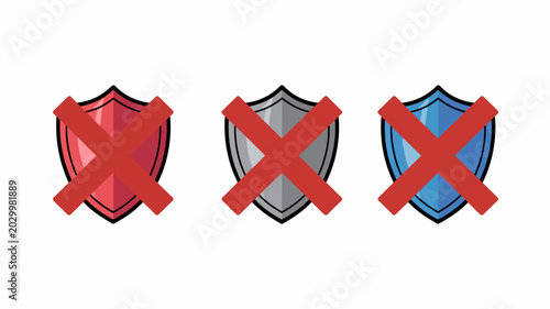Foto shield icons with red cross marks flat vector illustration