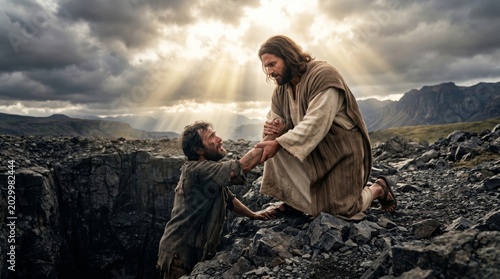 Jesus pulling man from edge of cliff. Biblical scene of savior offering help to sinner. Spiritual concept of salvation, rescue, forgiveness, divine grace, faith and hope religion.